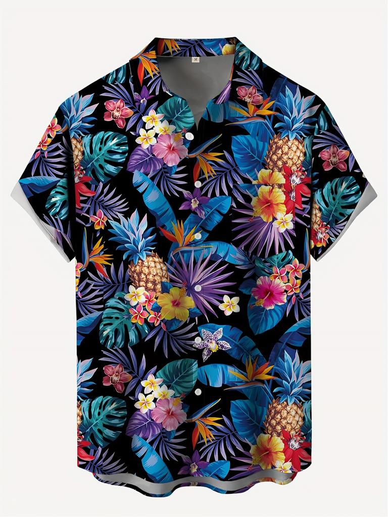Plus Size Men's Top, Casual Short Sleeve Apparel, Men's Tropical Floral Print Short Sleeve Shirt - Vibrant Hawaiian Style, Casual Button Chest Pocket,