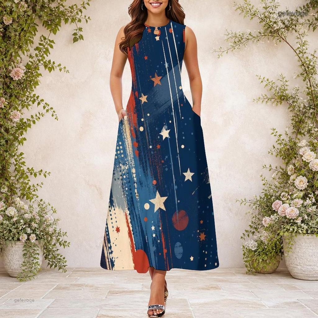 Women Plus Size Keyhole Neck Sleeveless Printed A Line Maxi Dress