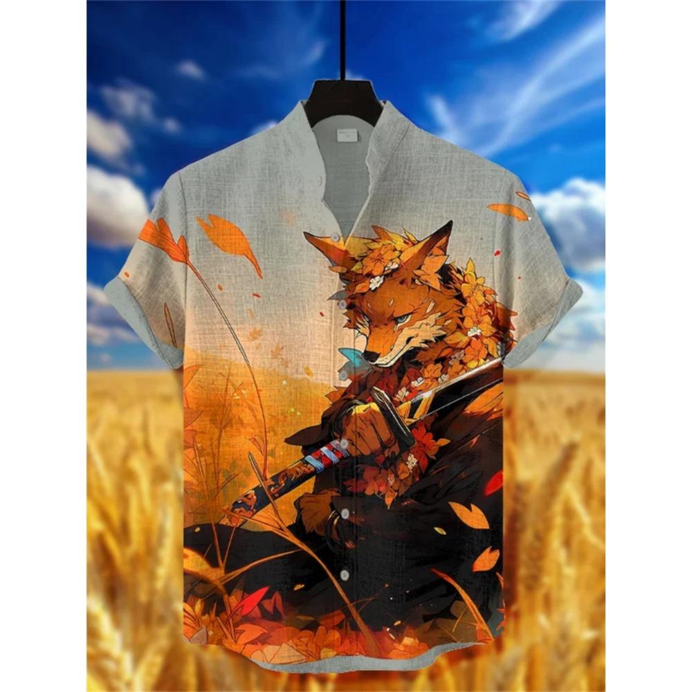 Men's Japanese Style Kimono Cat Printed Linen Shirt Summer Fashionable Stand Up Collar Short Sleeve