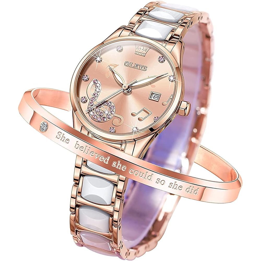 OLEVS Women s Quartz Watch Pink Ceramic Bracelet Waterproof Date Display Luminous Design