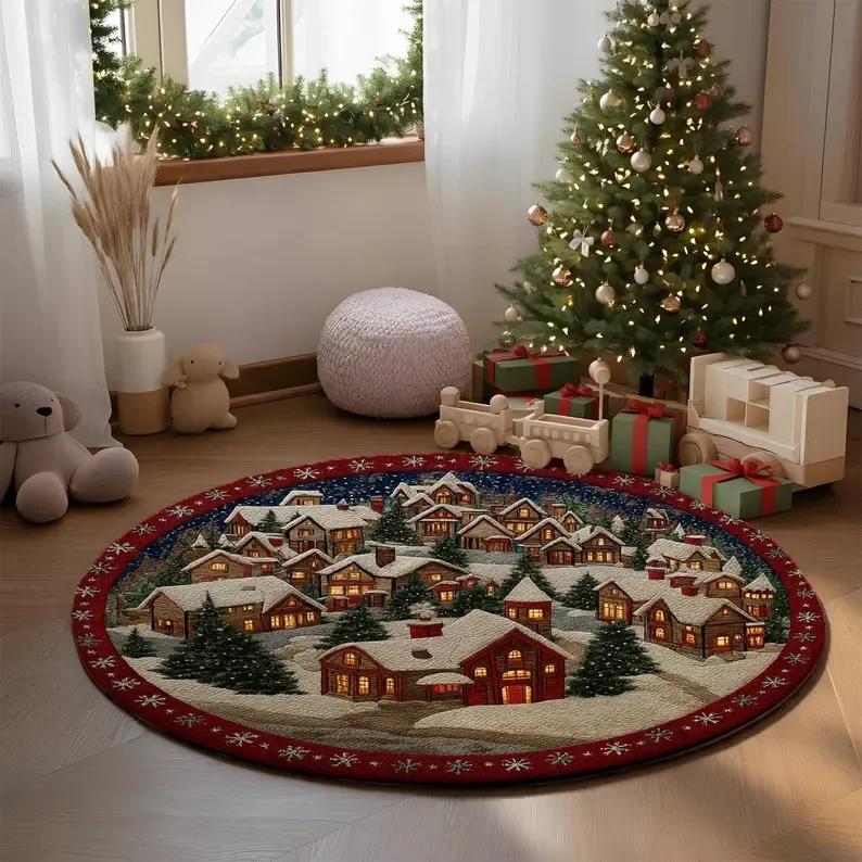 Winter Snowman Carpet Rug Christmas Snowball Mat Xmas Home Decor Nursery Kids Room Round Bath Mat Circle Kitchen Floor Area Mat