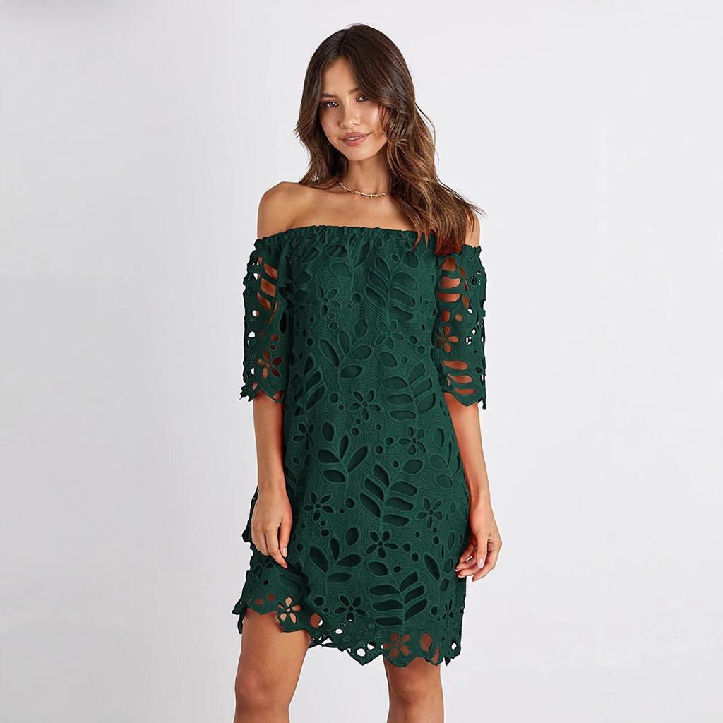 Mini Abito Estivo da Donna Scollo Bardot con Pizzo Floreale a Occhiolino Scollato Manica Corta Casual per Spiaggia Vacanza Festa