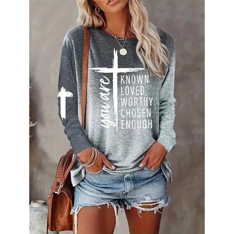 Cross Letter Printed Long Sleeved T-shirts for Women's Casual Multi-color Top