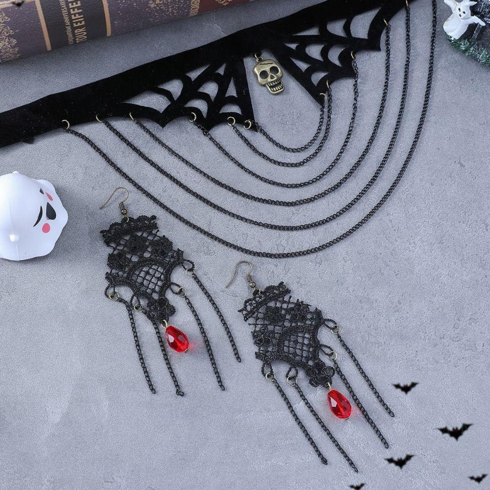 Exaggerated Halloween Necklace Punk Style Gothic Earrings Cool Lace Flower Jewelry Set Women