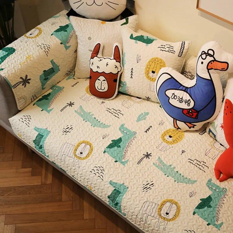 Four Season Universal Cartoon White Non-slip Sofa Covers for Living Room Cushion Couch Embroidery Soft Fabric