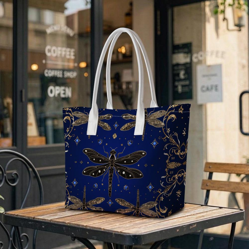 Vintage Dragonfly Pattern Tote Bag Fashion Casual Portable Large Capacity Daily Shoulder Bag for Outdoor Shopping Travel