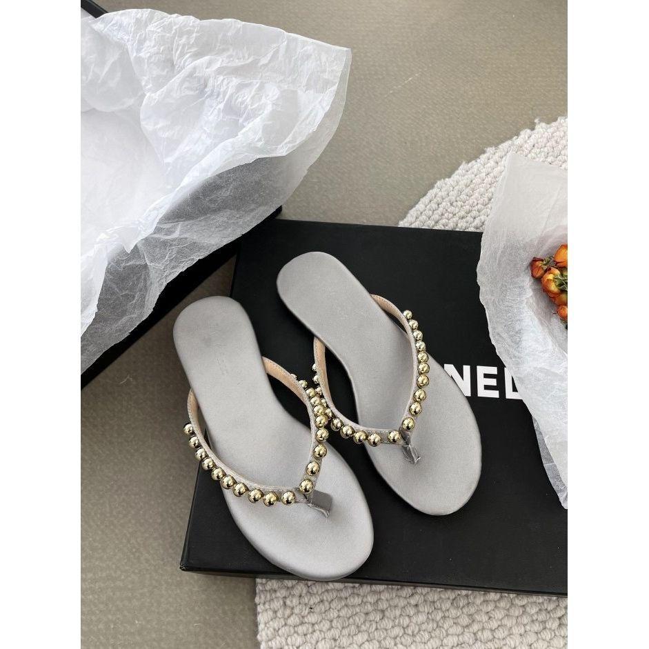 2025 summer new fashion steel ball flat-bottomed flip-flops women's outer wear pinch slippers soft-soled non-slip beach shoes women