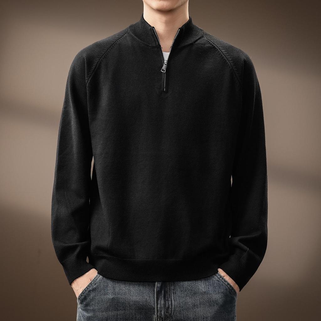 Men's High-End Half-Zip Stand Collar Knit Sweater - Autumn/Winter Korean Style Solid Color Casual Base Layer Top