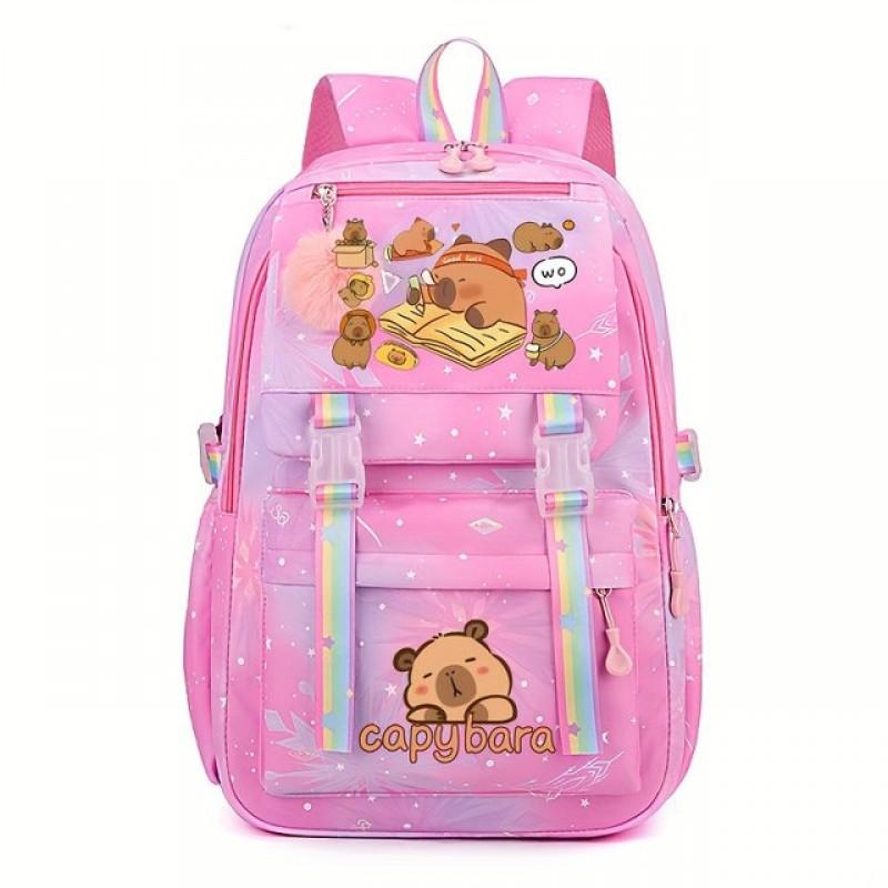 Capybara Cartoon-Druck Schulrucksack Mädchen Nylon Leichtgewicht Studenten Tasche Mit Gepolsterten Gebogenen Trägern Frischer Süßer Stil