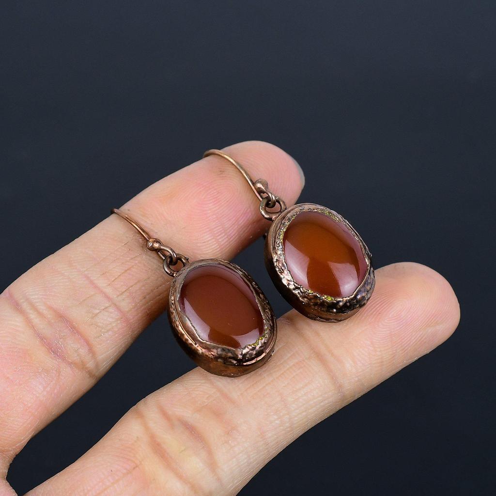 Carnelian Copper Electroformed Earrings, Handmade Gemstone Earrings Jewelry, Gifts For Wife Brand New Earrings