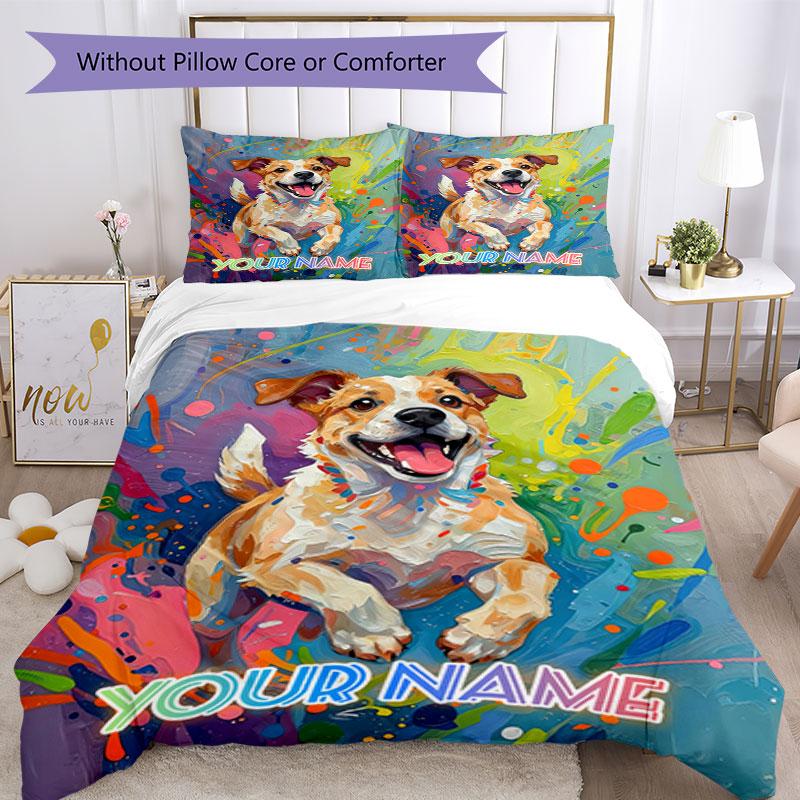 3PC Custom Name "Colorful Dog Artwork" Bedding Set Duvet Cover Closure Includes 1 Duvet Cover & 2 Pillowcases for Bedroom