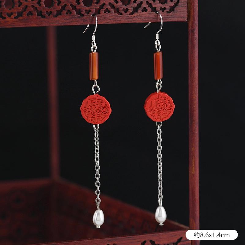 Original cinnabar earrings niche design retro long fringed earrings, natal red earrings for women