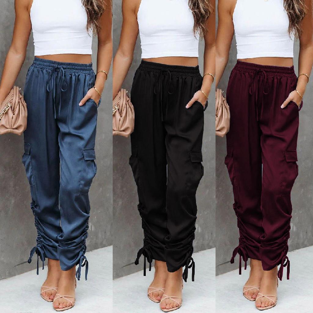 Ladies  Elastic Waist Pocket Trousers Casual Pants Loose Women Trousers