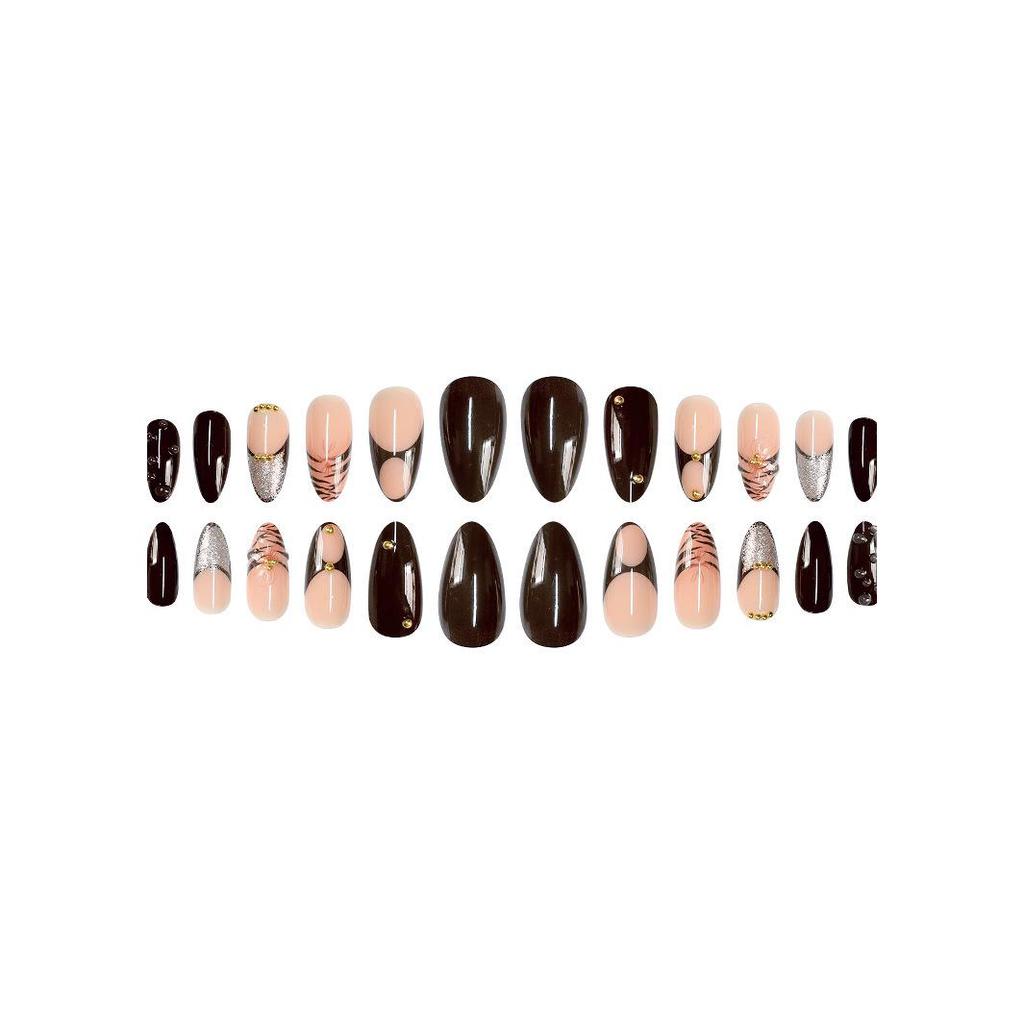 Almond Shape False Nails with Stripes, 3D Flowers, and Rhinestones