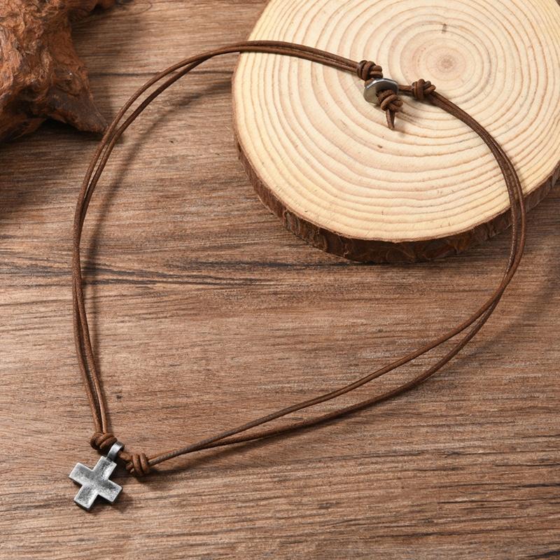 Cowhides Braided Necklace With Crucifix Pendant Adjustable Length Clavicle Chain Accessory Suitable For Men And Women