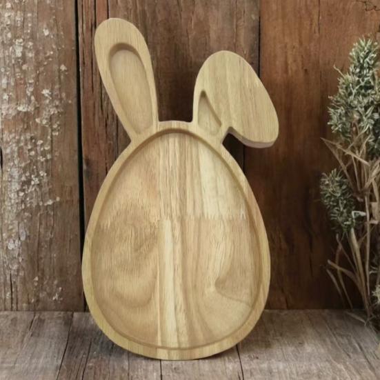 Easter Bunny Serving Tray Rustic Rectangular Platter for Snacks Meals Stackable Wood Dinner Plate for Home Kitchen Party Picnic