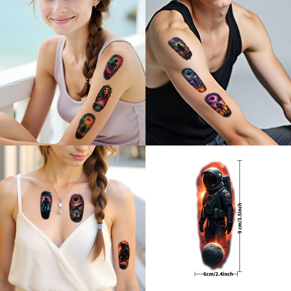 9pcs Temporary Tattoo Spaceship Colorful Realism Black Hole Planet Waterproof Long-lasting Body Stickers Alien For Men Arms