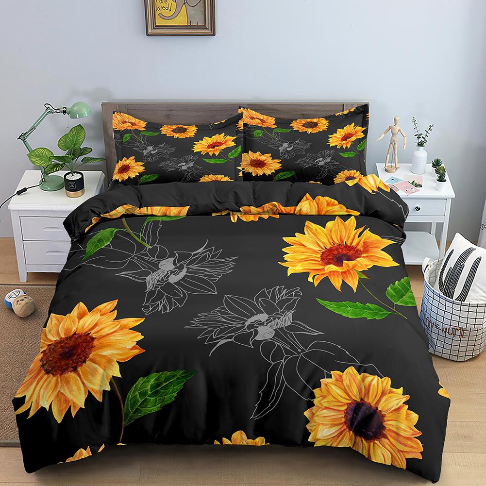 3D Sonnenblume König Königin Bettbezug Gelbe Blumen Bettwäscheset Floral Grüne Blätter Bettdeckenbezug 2/3tlg. Polyester Steppdeckenbezug