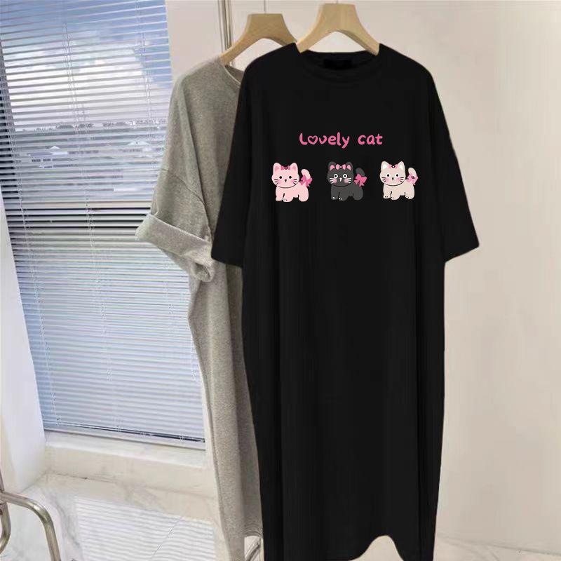 Średnia i Długa Czarna Bawełniana Sukienka z Krótkim Rękawem do Kolan dla Kobiet Letnia Najnowszy Zagraniczny Styl Wygodny Krój Spódnica T-shirt z Rozcięciami