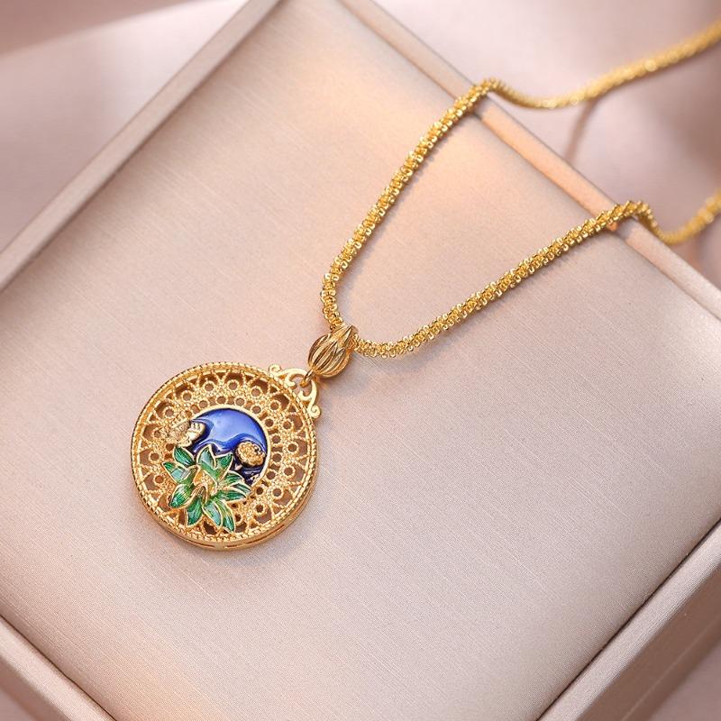

Meier Necklace - women s japanese & korean style retro enamel lotus pendant - vietnamese sand gold necklace