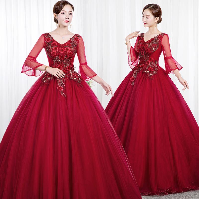 Color Yarn 1011 New Host Long Evening Dress Female Performance Student Vocal Solo Art Test Costume Fluffy Skirt