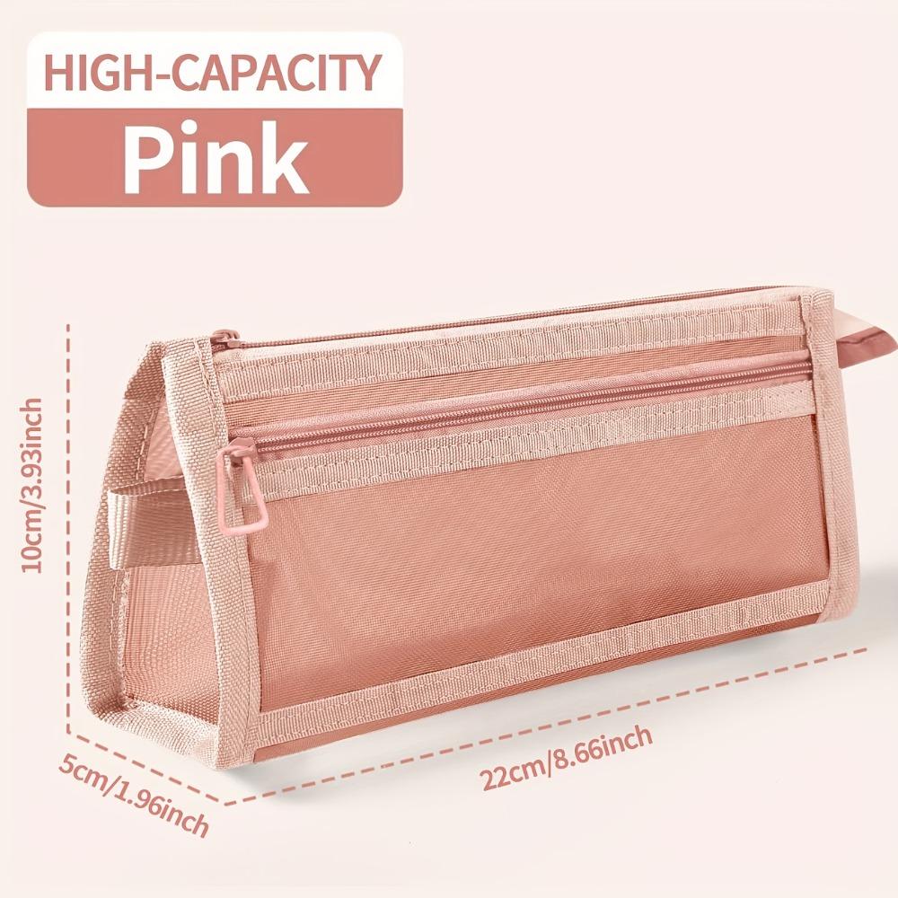 Desk Storage Morandi Mesh Pencil Case with Handle and Zipper, Cute Transparent Stationery Storage Bag