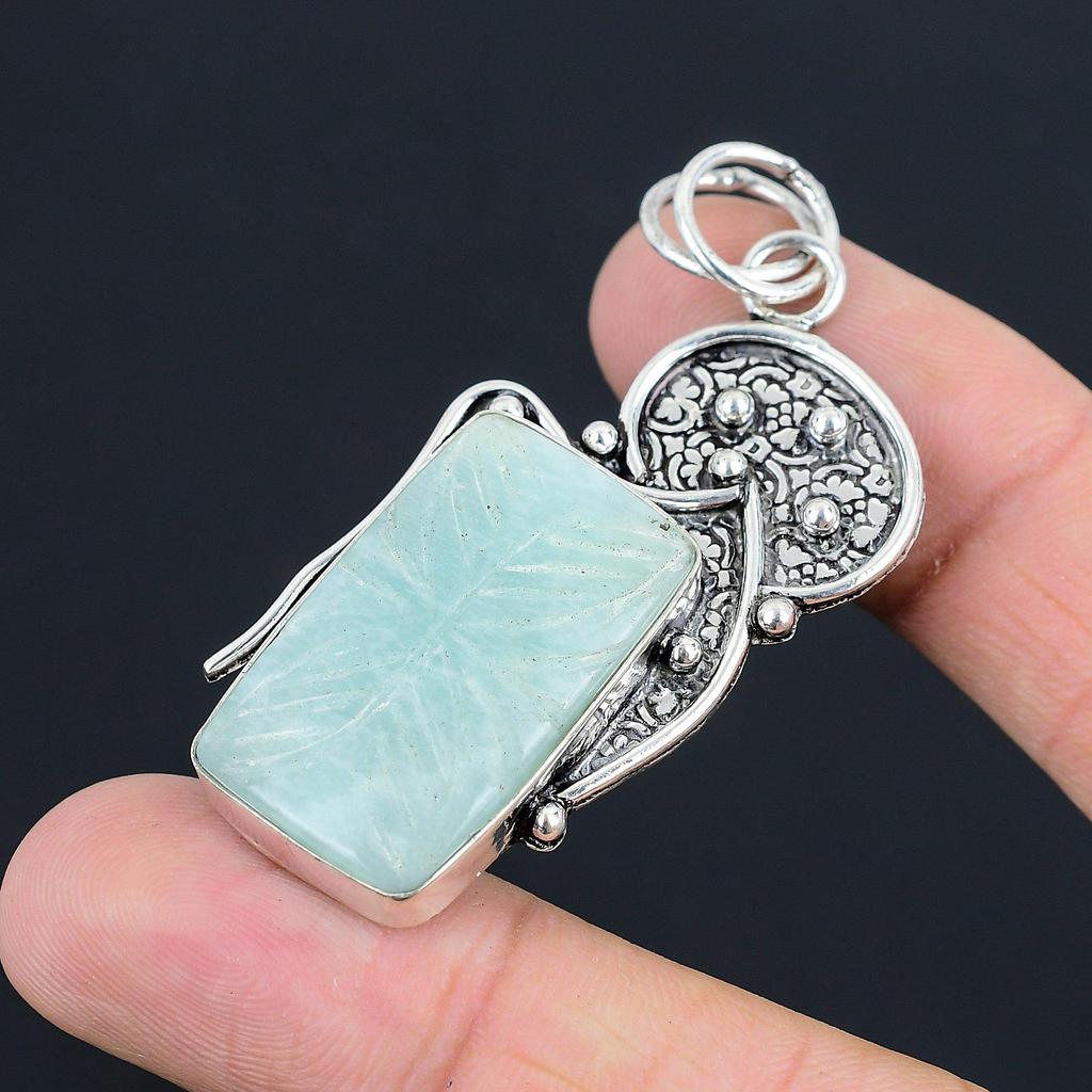 Gift For Women Pendant 925 Sterling Silver Natural Carved Amazonite Gemstone