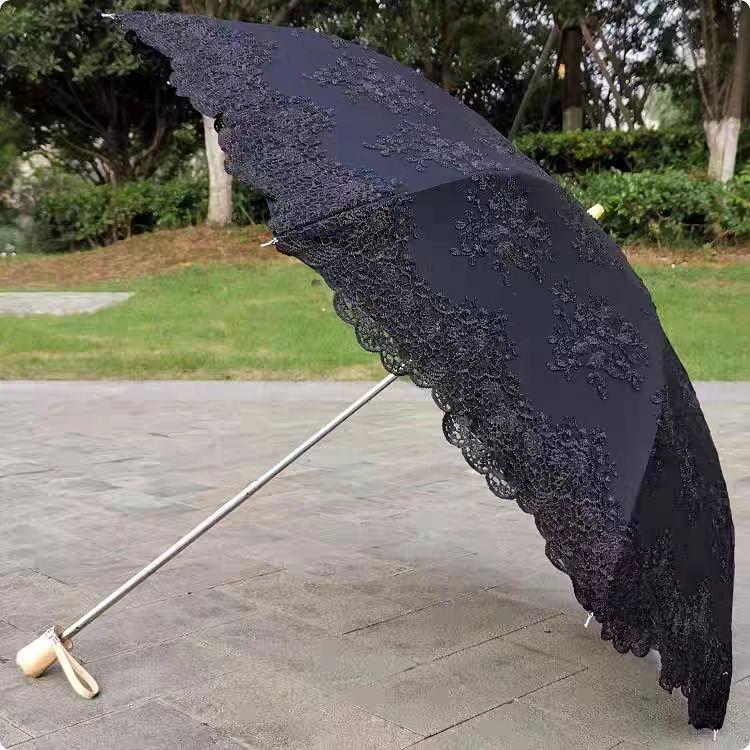 Koronkowy Parasol Słoneczny dla Kobiet, Ochrona przed Słońcem i Wiatrem, 3-składany Odporny na UV Parasol Przeciwsłoneczny, Osłona Przeciwsłoneczna