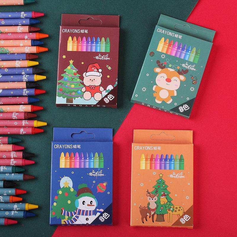 Cartoon Christmas Crayons Set Creative 8 Colors Drawing Painting Kit Cute Art Supplies Coloring Gift for Kids Students