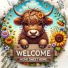 Hisun Tin Sign Vintage Welcome Home Sweet Home Highland Cow Metal Tin Sign Cute Floral Sunflower Round Wall Art Decor Rustic Farm Animal Cow