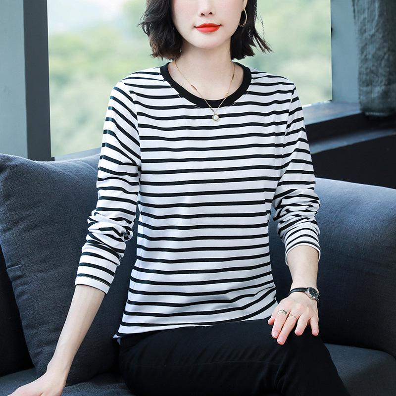 Plus Size Loose-Fit Cotton Striped Long-Sleeve T-Shirt for Middle-Aged & Elderly Women