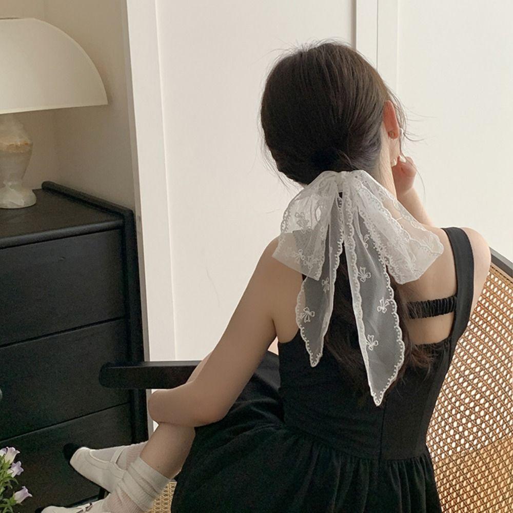 Adjustable Lace Hair Scarf Pastoral Style Ribbon Hair Strap Sweet Bow Headband Photograh