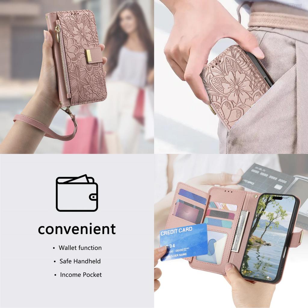 Floral Embossed Leather Wallet Flip Case for OPPO A6 A6X A6T A6S A6C A5 A5X A3 A3X A1 Pro 4G 5G Card Slots and Wrist Strap Cover