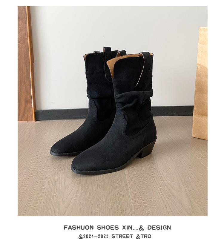 

Retro Western Boots 2025 Autumn and Winter New Round Head Cow Flip Folded Women s Boots Thick Heel Medium Boots Pile Boots Women s Boots 39 чёрный