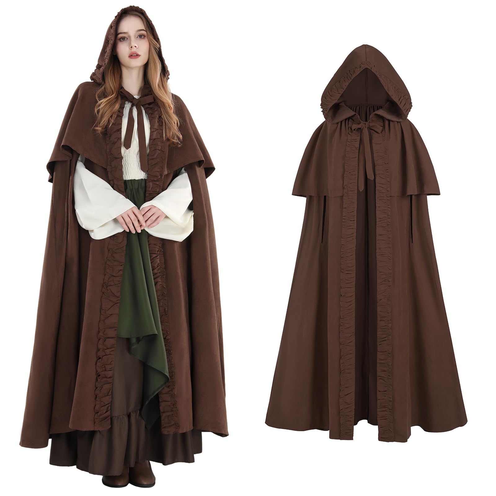 

Длинный средневековый винтажный плащ с капюшоном для Хэллоуина, плащ ведьмы, размер [Kami-Yu-Yu], косплей, (Браун, М)