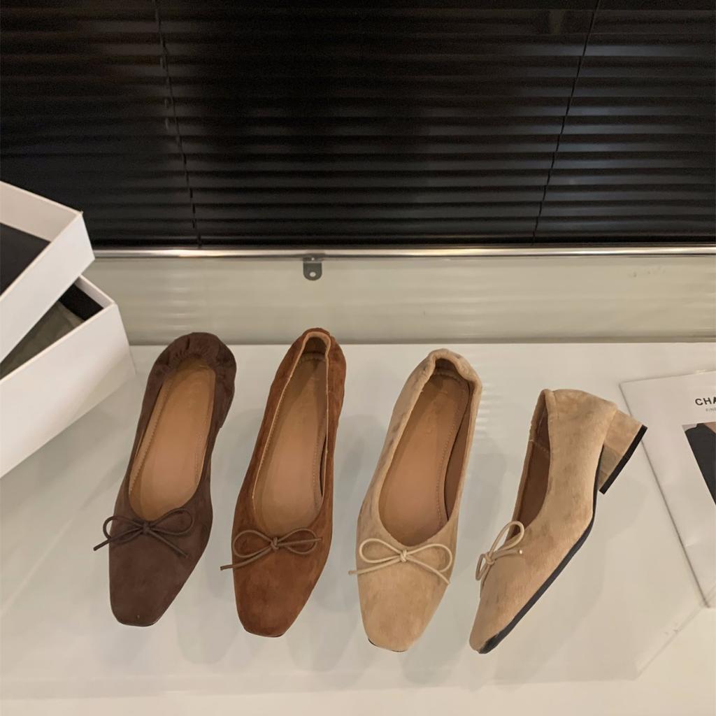 Coarse heel suede bow single shoes women's shoes 2025 new spring and autumn evening shoes French retro commuter ladyshoes