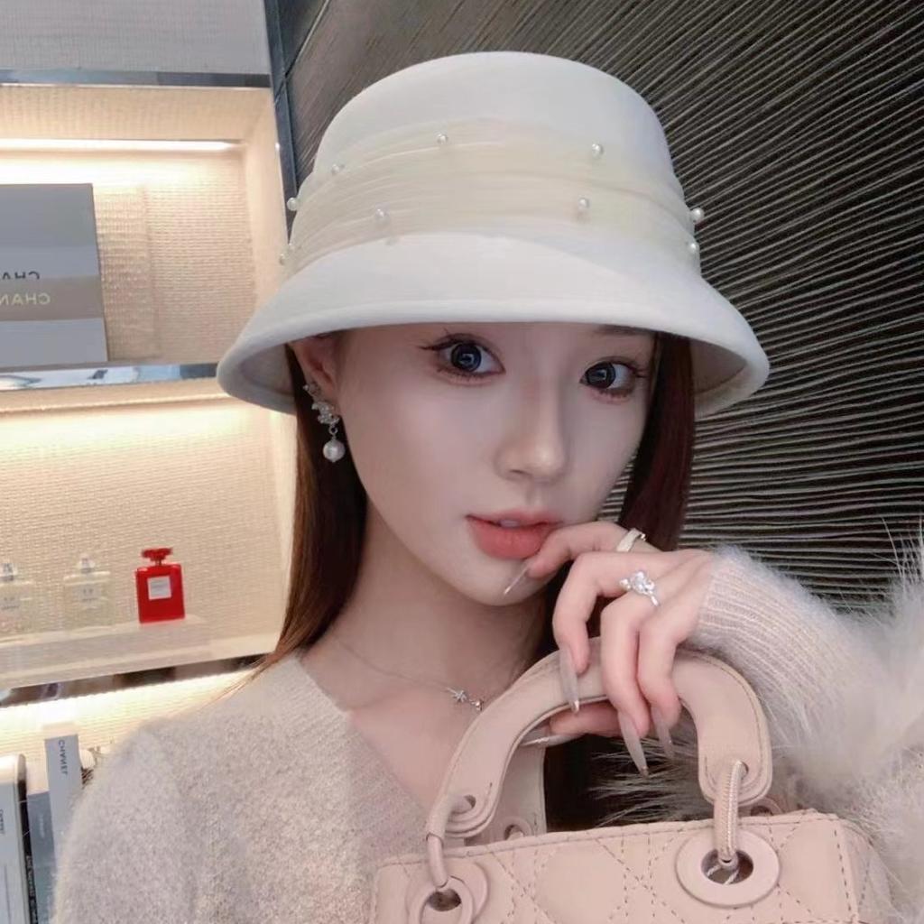 White wool pearl bucket hat high-end temperament French retro elegant top hat bowl golden woolen pot hat girl