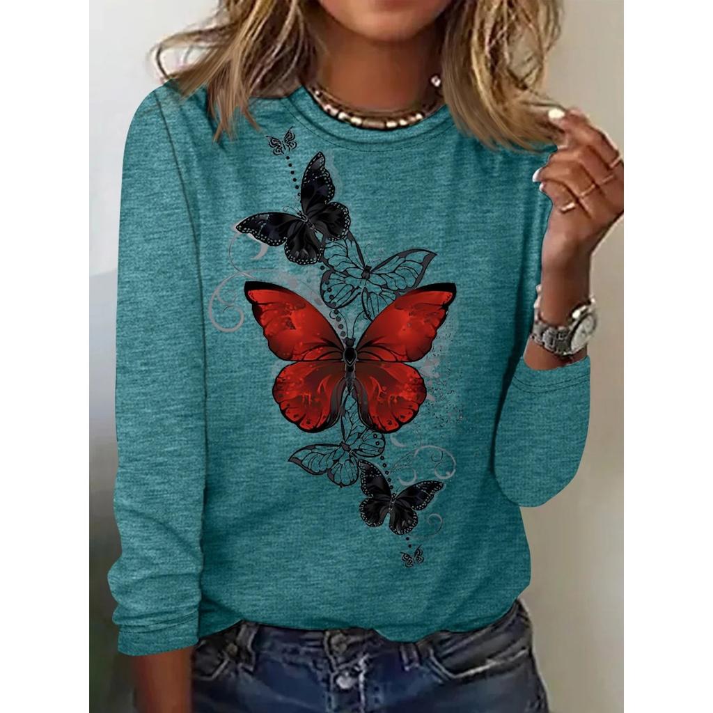 Round Neck 3D Printed Butterfly Pattern Top Fashionable Casual Long Sleeved Women's T-shirts