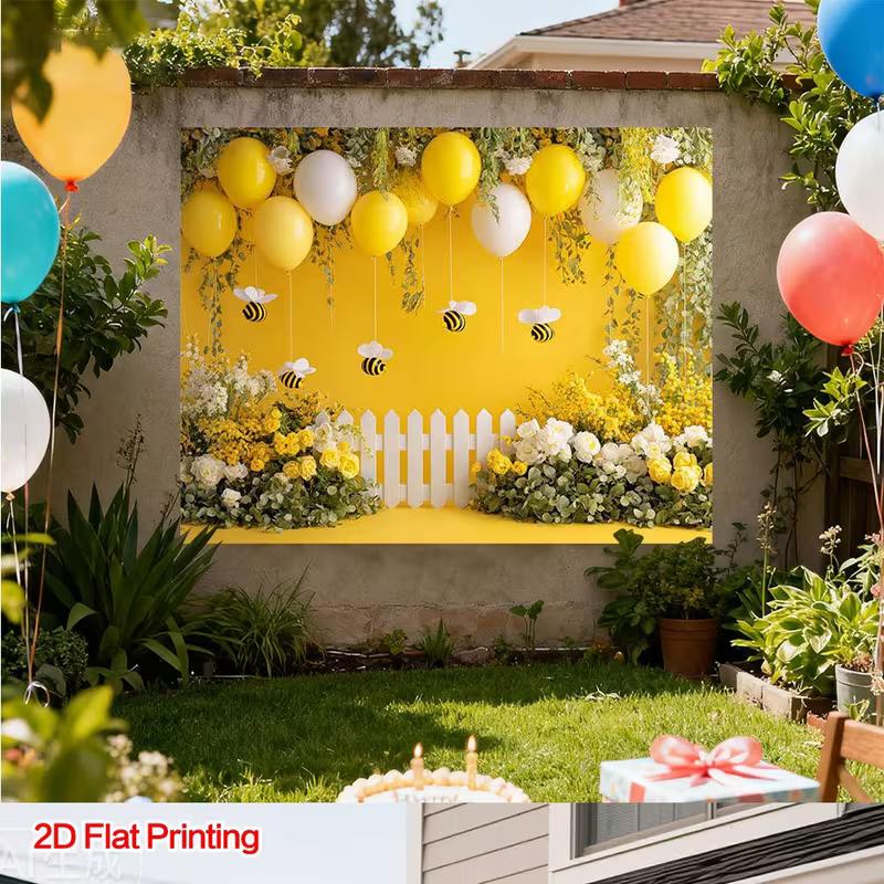 2D Printed Backdrop with Yellow Balloons, Bees, Flowers and White Fence