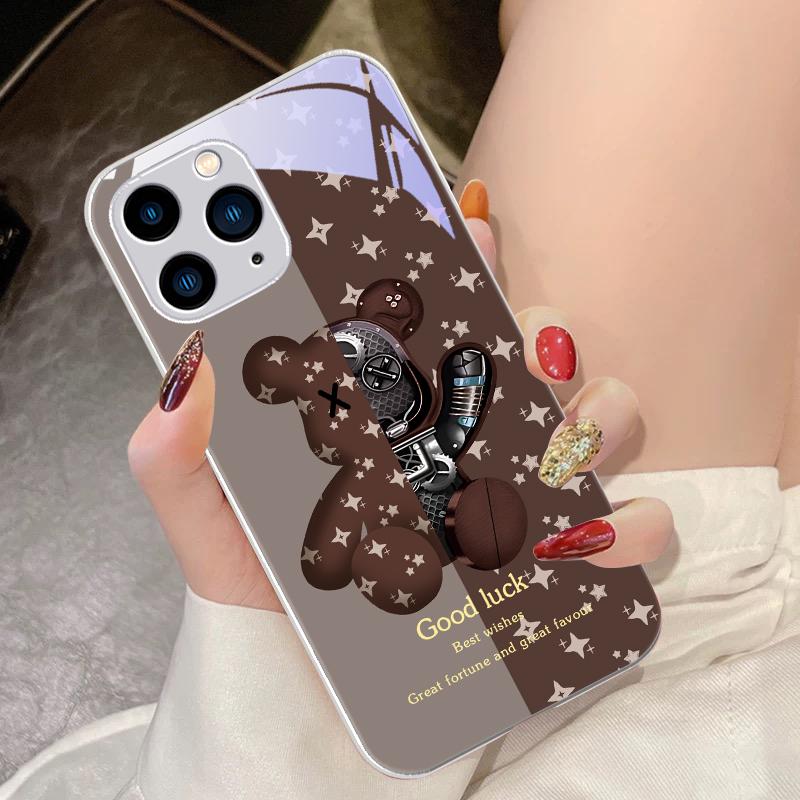 Brown Machine Bear For IPhone 16 Pro Max 15 Pro 14 13 12 Mini 11 XS Max XR 7 8 Plu SE 2022 Tempered Glass Phone Case