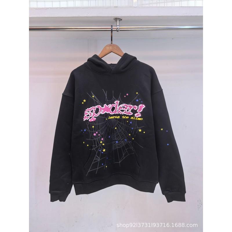 Sp5der 555555 Hoodie Sweatpants Set Rhinestone Spider Web Letter Print Casual Streetwear Youth
