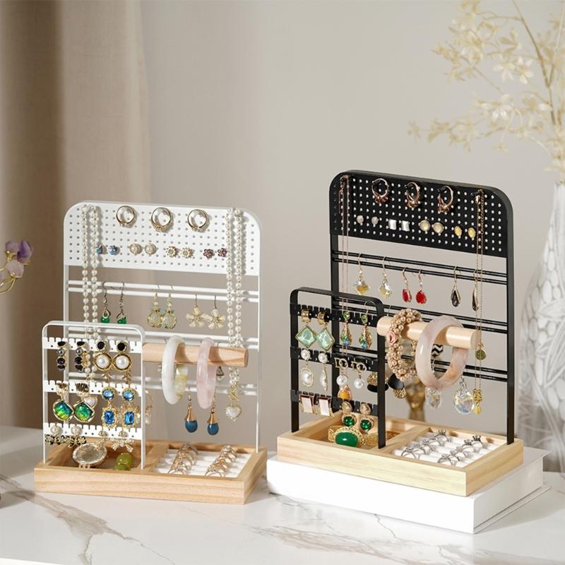 Convenient and Stylish Wood Storage Shelves Stylish Metal Jewelry Display Stand for Earrings Bracelets and Necklaces