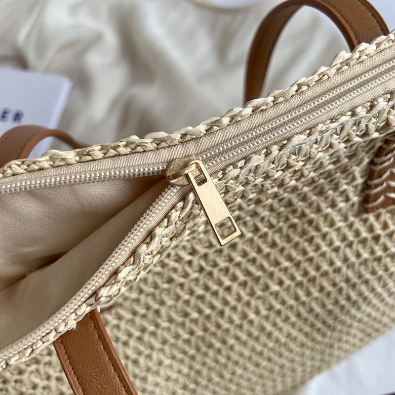 Woven Straw Tote Bag with Leather Handles Large Capacity Summer Beach Bag Women's Casual Handbag Everyday Use