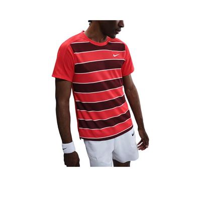 Dri-FIT ADVCourt Slam Short Sleeve Tennis Shirt Comfortable Versatile Striped Men Tops Light-Red Dark-Red White FZ6935-696