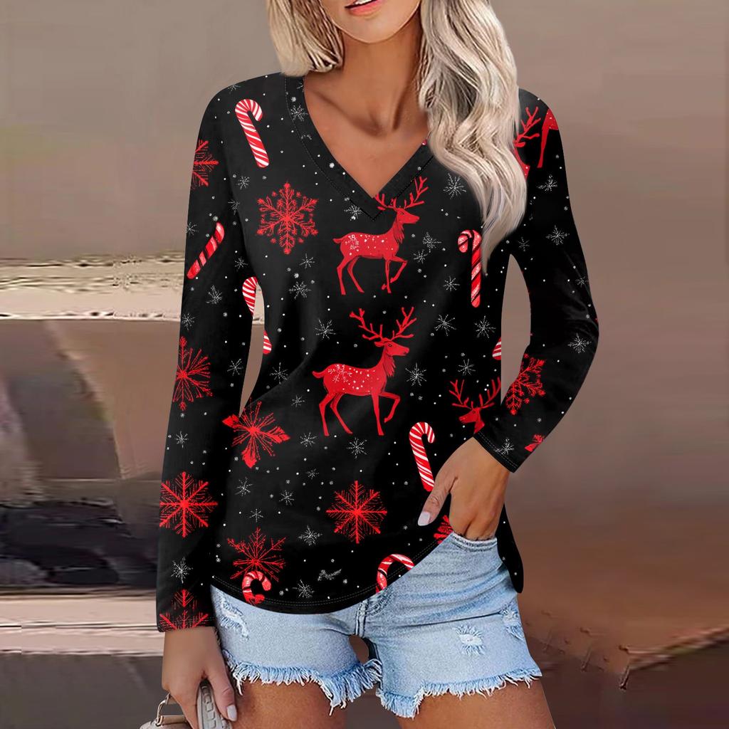 Women's Casual Fashion Sexy Comfortable Christmas Printed V-Neck Long Sleeve Top