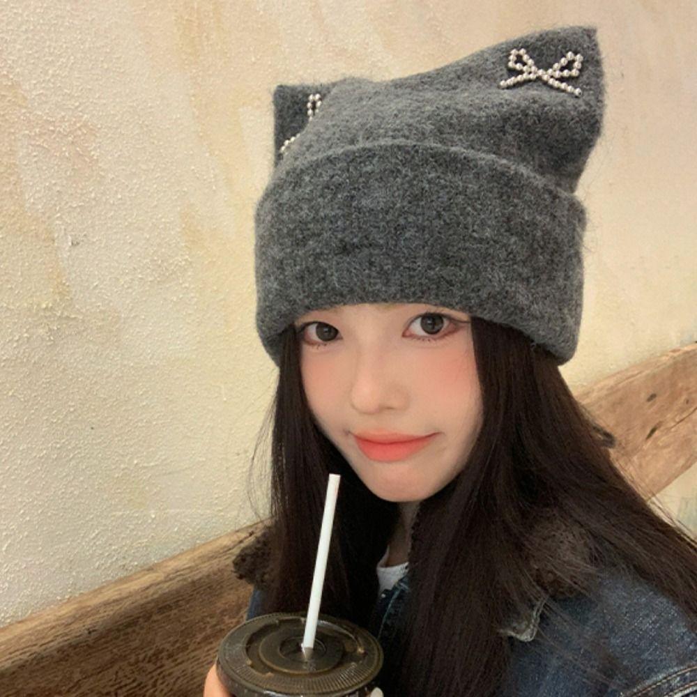Bow Knitted Pullover Hat Fluffy Winter Wool Hat Keep Warm Cat Ears Beanie Hat  Girls