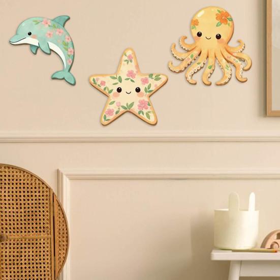 3 Piezas Arte de Pared Temática Playa Océano, Estrella de Mar de Madera 2D Delfín Pulpo Escultura Colgante de Pared para Casa de Campo, Baño, Decoración de Dormitorio