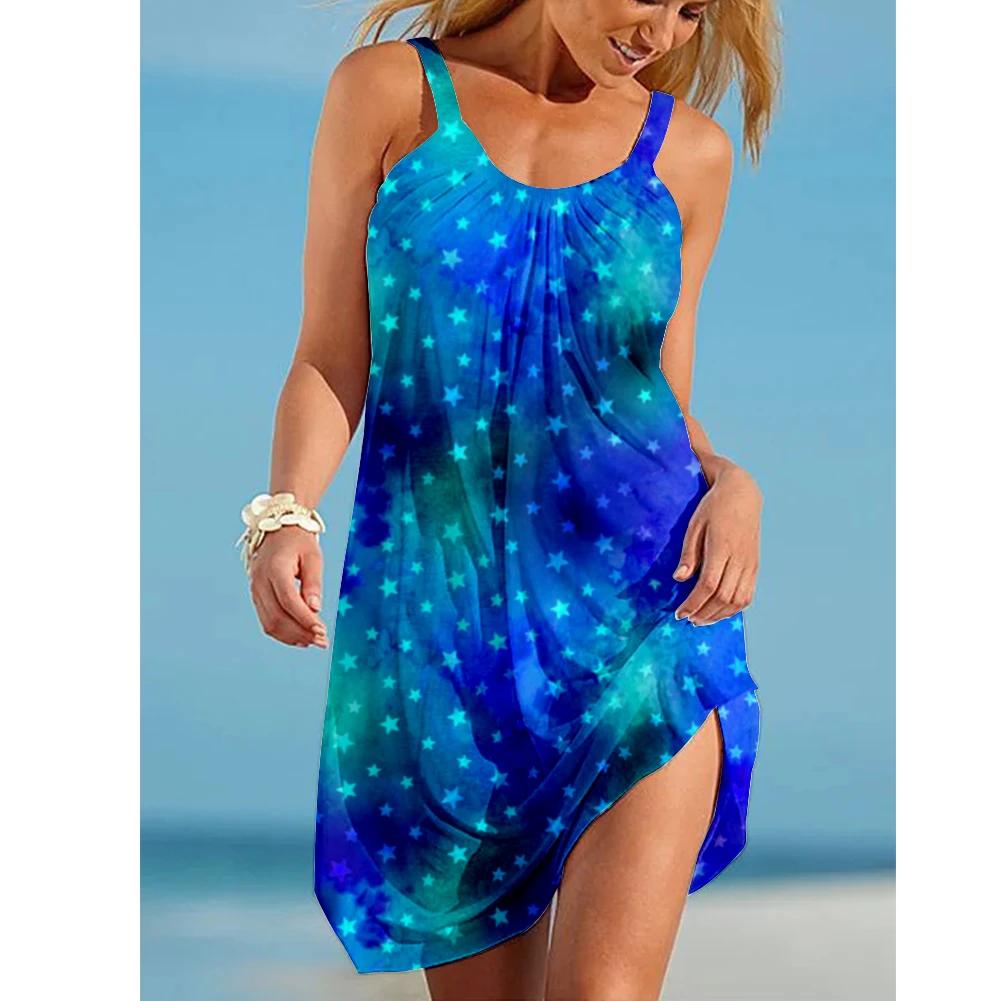 

Летнее новое 3D-печатное платье-комбинезон свободного покроя со звездным принтом для женщин, летнее пляжное платье, сексуальное женское вечернее платье без рукавов 3XL