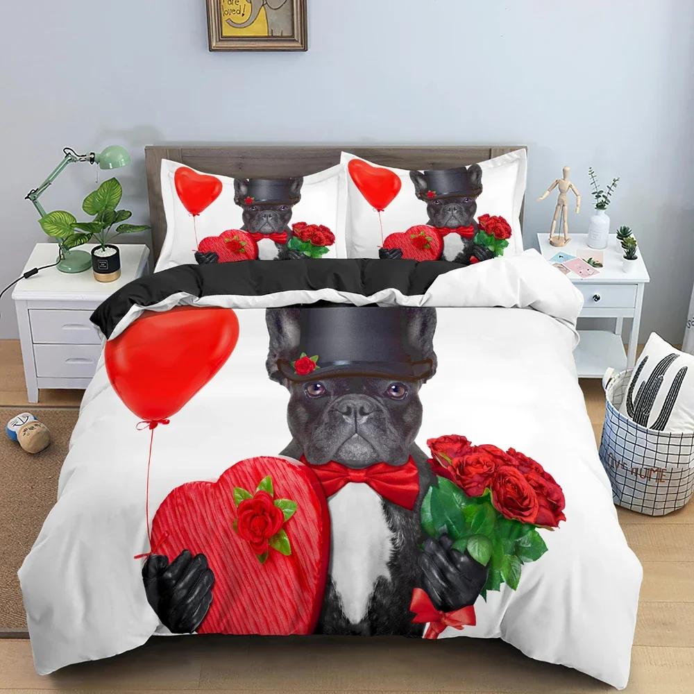 Cartoon Bulldog Dog Bedding Set Roses Duvet Cover Bedroom Comforter Cover Single Twin King Size Quilt Cover Home Textile 23Pcs