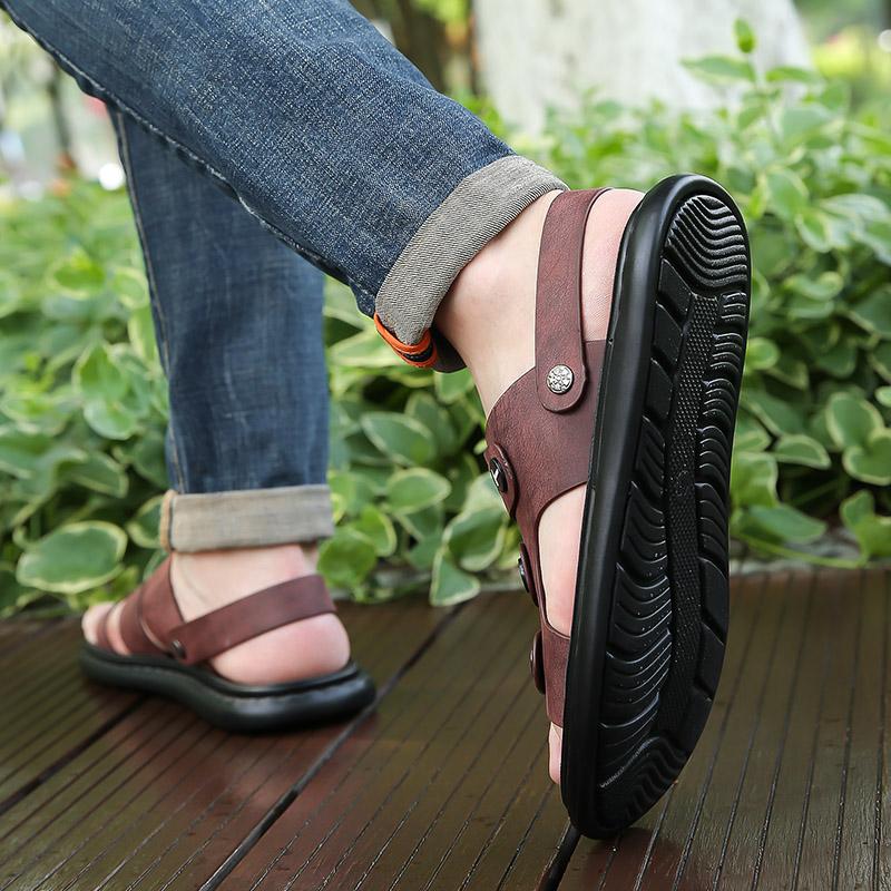 Men's Leather Sandals Breathable Soft Comfortable Slippers Summer Casual Shoes Slip-On Lightweight Flats Beach Walking Sandals